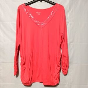 Lane Bryant EUC Women's Tunic, Coral Orange V-neck with Sparkles, Sz 18/20